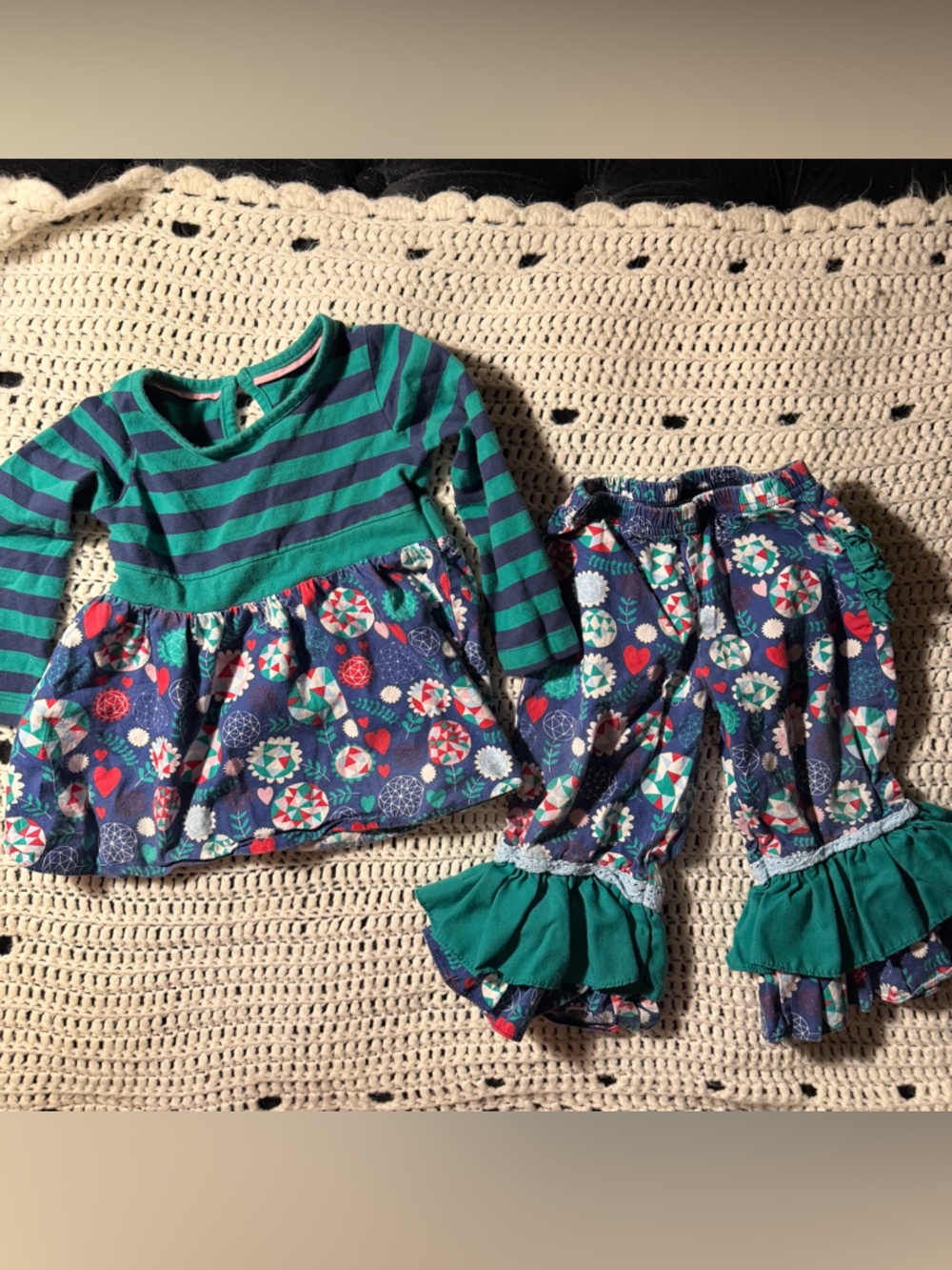 Ruffle Butts Teal and Navy Striped Girls Top